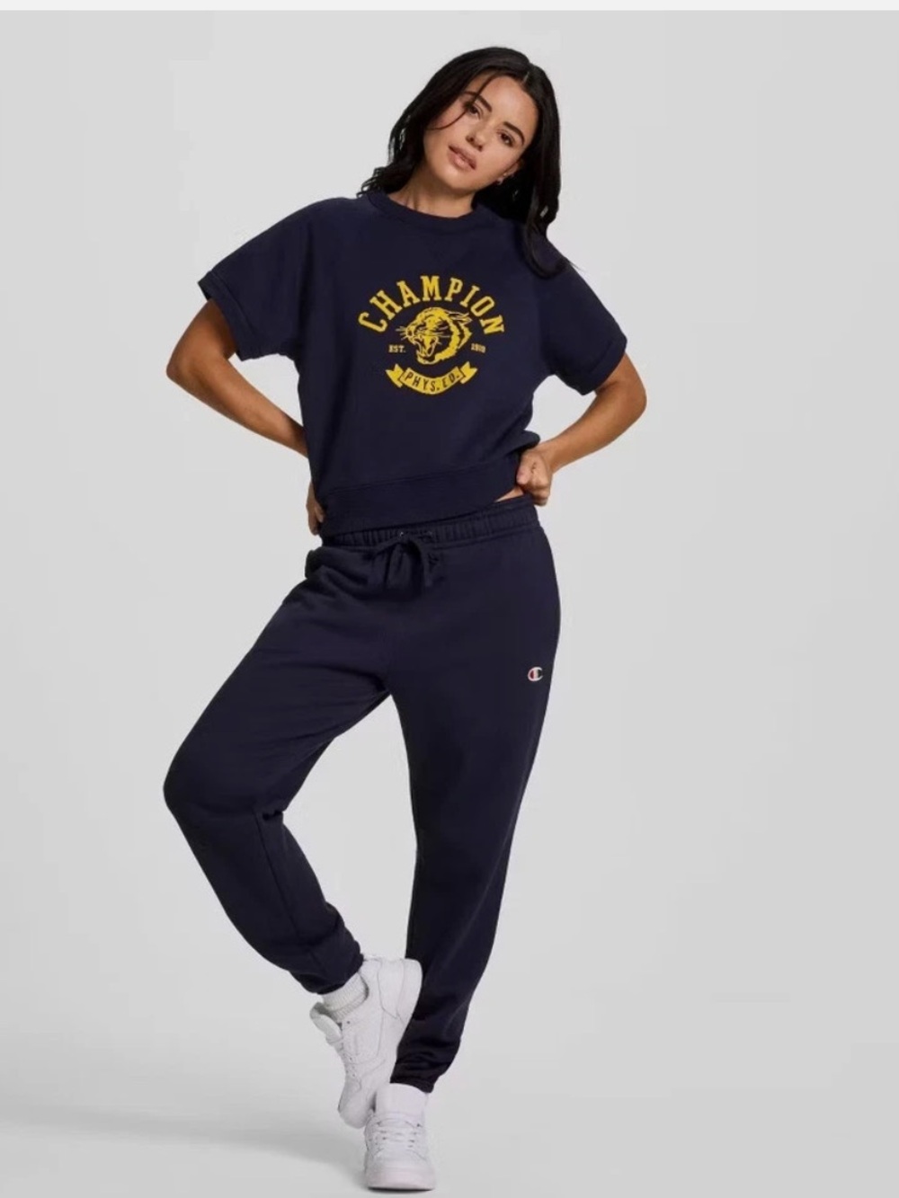 Champion Raglan Women's Short Sleeve Fleece Crew Pullover Navy M | NWT